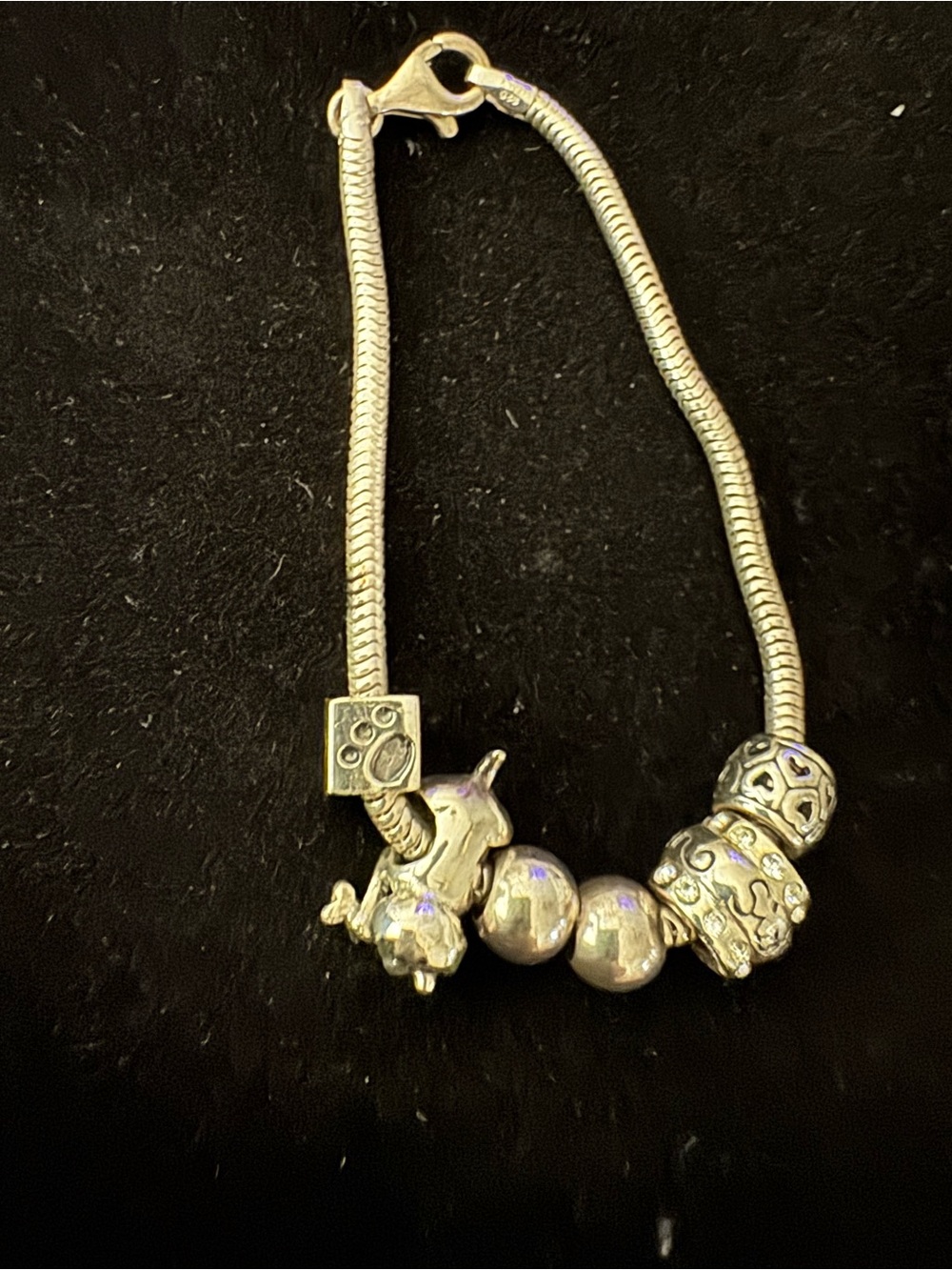Sterling Silver Charm Bracelet with Animal and Decorative Beads - Silver